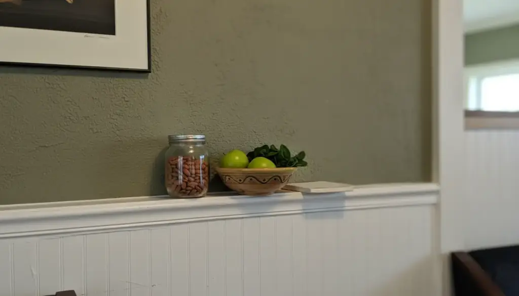 A jar of almonds and a bowl of green apples and spinach on a white wainscot ledge