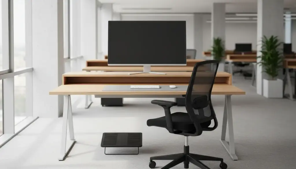 An office workstation with the monitor raised to eye level and a footrest under the desk