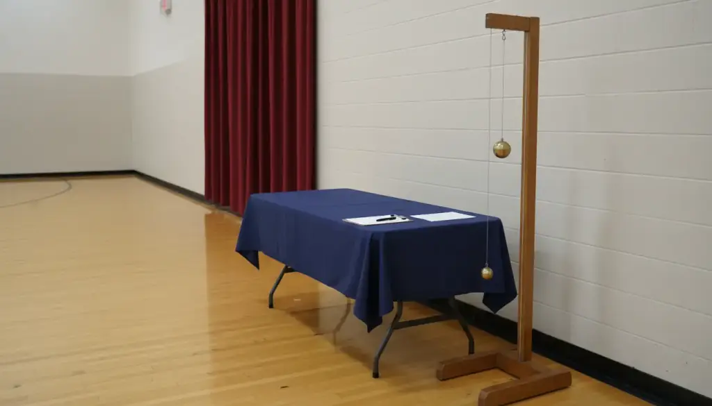 An empty health-fair table in a gym with a wooden posture plumb line beside it